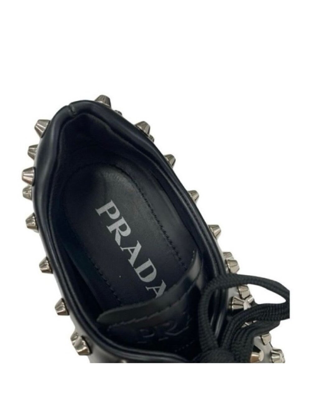 Prada Monolith Loafers Leather Shoes Black Silver Studded Lace Up - Picture 8 of 11